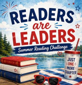 Text promotes a summer reading challenge with stacked books, sunglasses, and a drink by a lake.