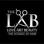Logo featuring scissors and text: "The LAB Love Art Beauty The Science of Hair" on a black background.