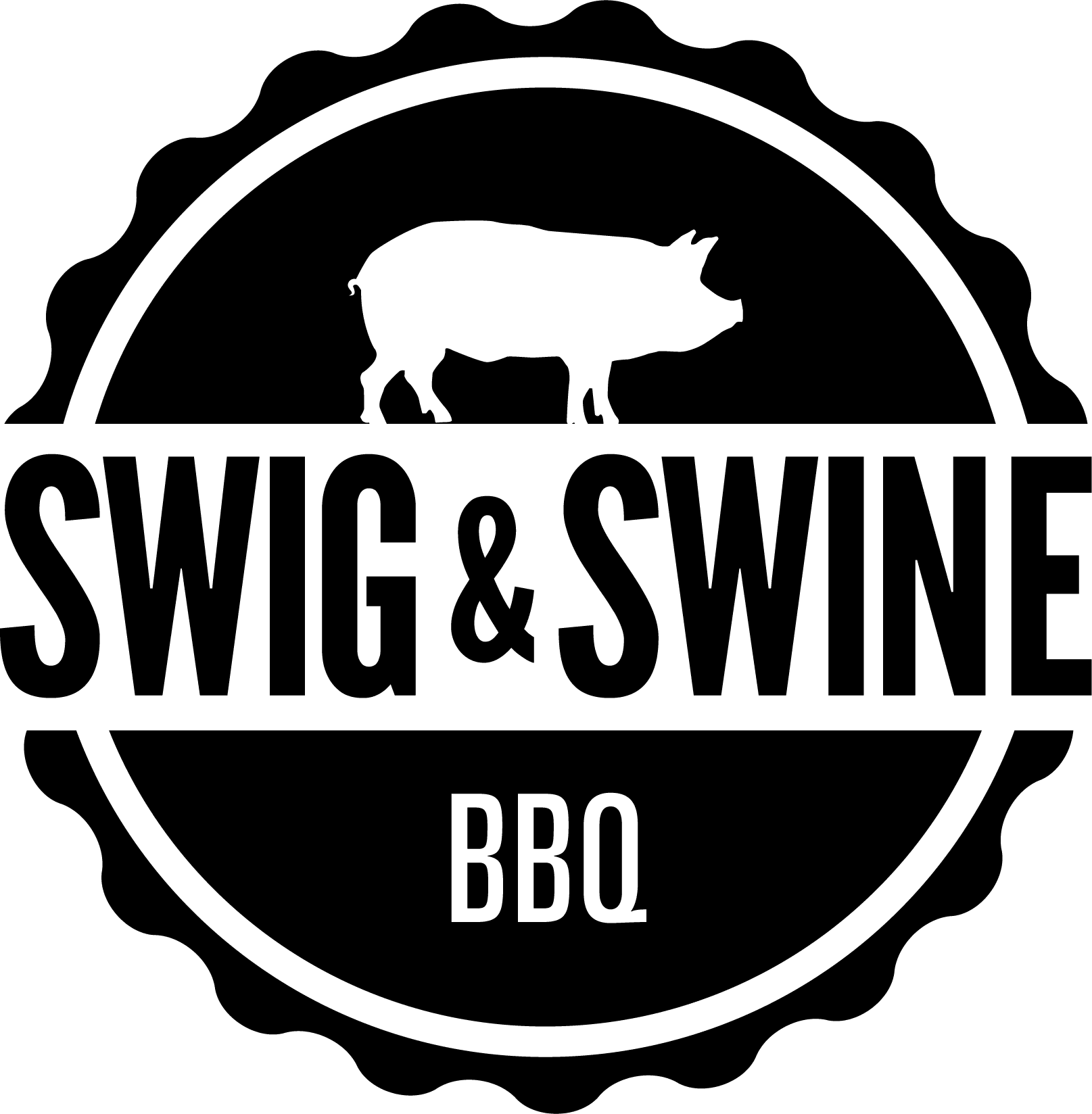 Logo for Swig & Swine BBQ featuring a pig silhouette and bold text.