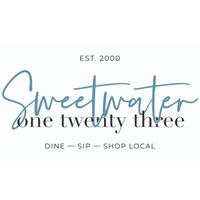 Logo for Sweetwater One Twenty Three, established 2000, promoting dining, sipping, and shopping local.
