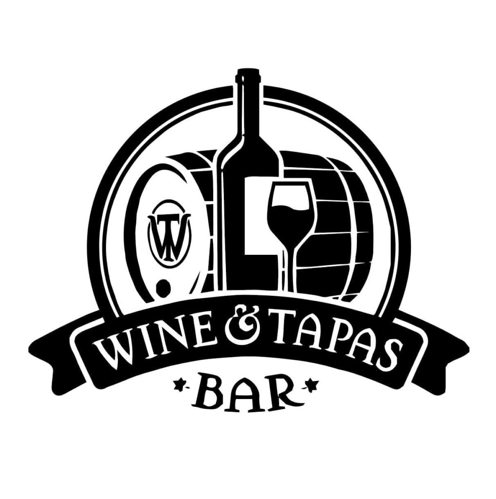 Logo featuring a wine bottle, glass, and barrel with "Wine & Tapas Bar" text.