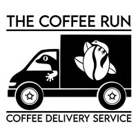 Logo for "The Coffee Run," featuring a delivery truck with a frog and turtle design.