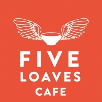 Logo of Five Loaves Cafe featuring a bowl with wings on an orange background.