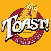 Logo for "Toast!" featuring two champagne glasses and the text "Toast All Day" on a yellow background.