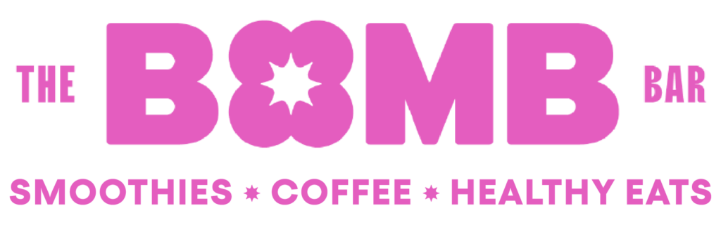 Logo for The Bomb Bar featuring bold pink text promoting smoothies, coffee, and healthy eats.