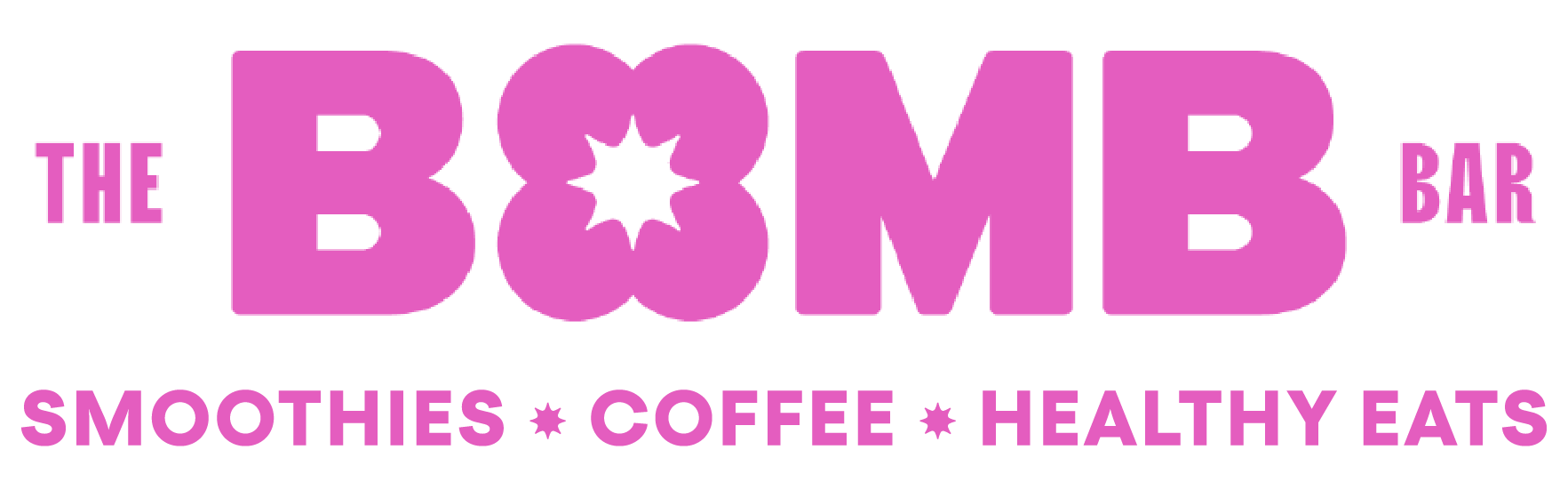 Logo for The Bomb Bar featuring bold pink text promoting smoothies, coffee, and healthy eats.