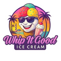 Colorful logo featuring a smiling ice cream character with sunglasses, holding a milkshake, surrounded by palm trees.