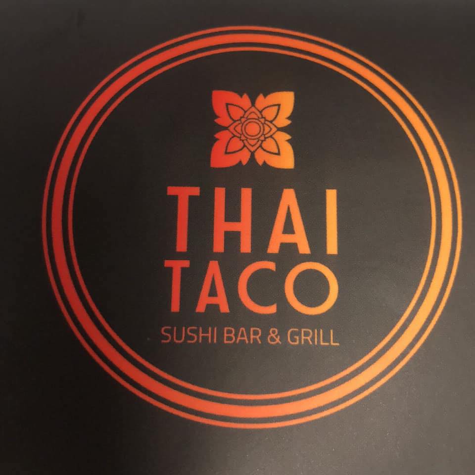 Logo for Thai Taco Sushi Bar & Grill, featuring a floral design and bold text.