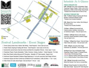 Map of a festival layout with event stages, landmarks, and a schedule of activities.