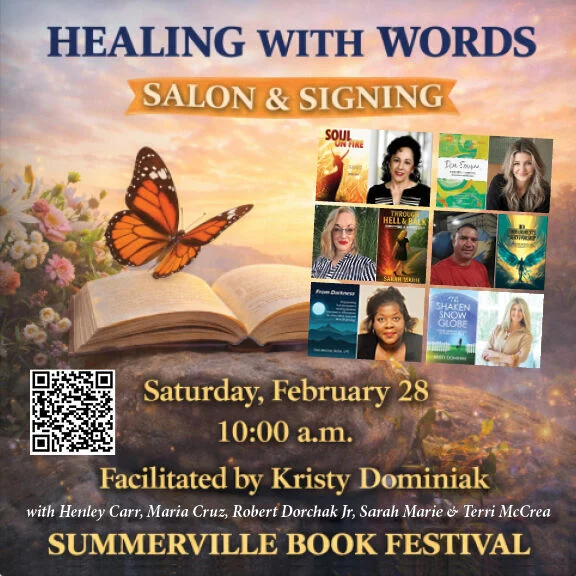 Event poster for "Healing with Words" salon and signing, featuring authors and a butterfly over an open book.