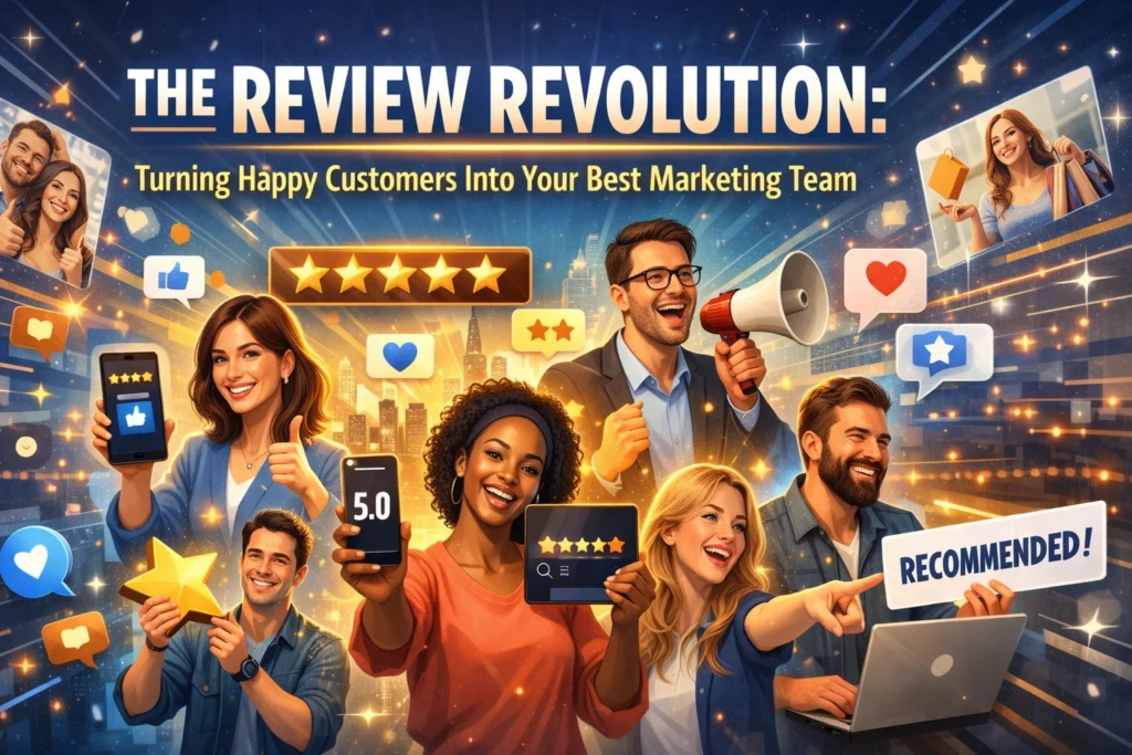 Group of diverse people celebrating positive reviews, holding phones and signs, promoting customer satisfaction.
