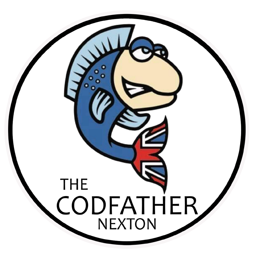 Cartoon fish character with a cheeky expression, labeled "THE CODFATHER NEXTON.