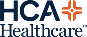 HCA Healthcare logo featuring dark blue text and an orange symbol.