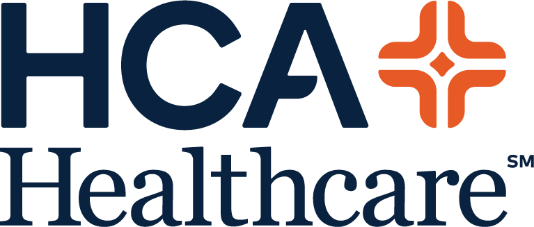 HCA Healthcare logo featuring dark blue text and an orange symbol.