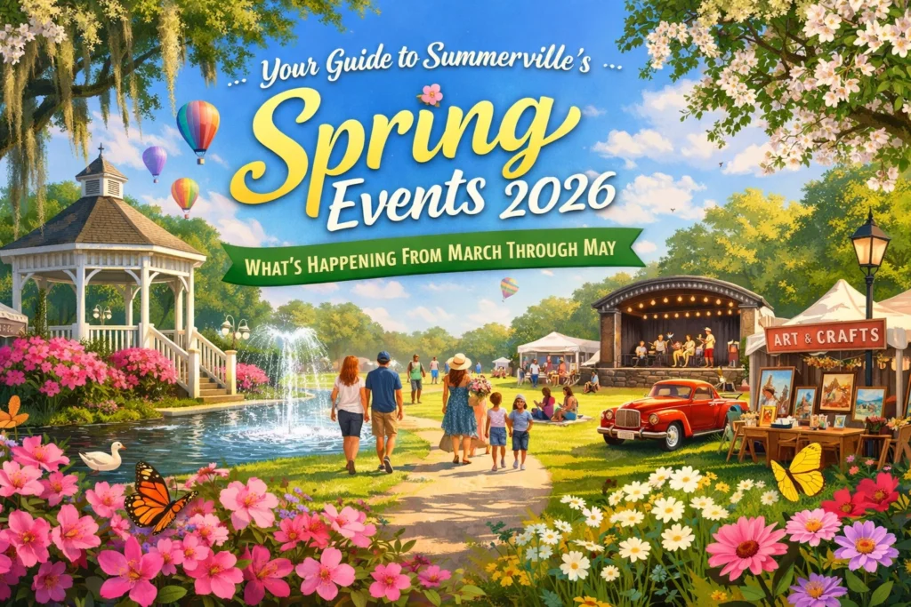 Spring festival scene in Summerville with families, flowers, a gazebo, and a stage with performers.