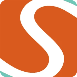 Abstract logo featuring a stylized white "S" on an orange background.