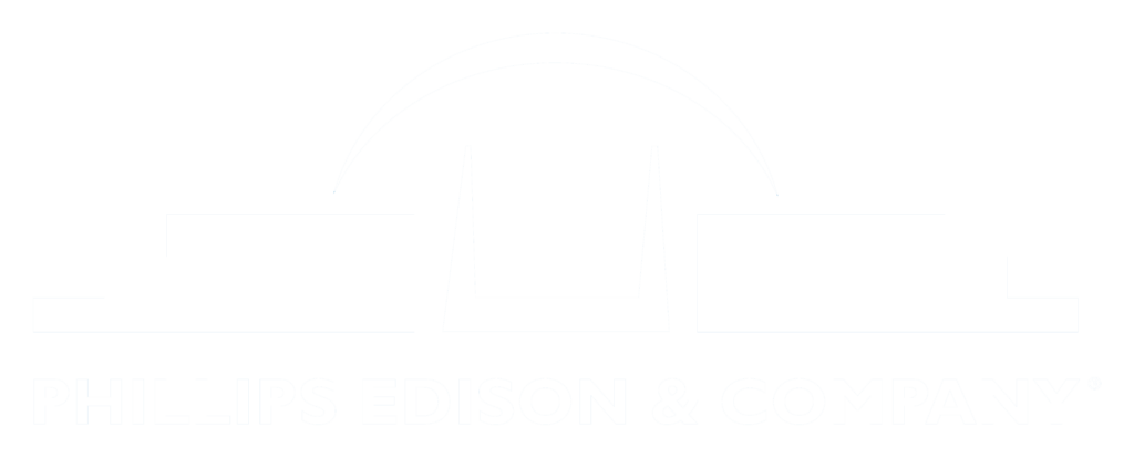 White logo of Phillips Edison & Company with stylized arch and building shapes.