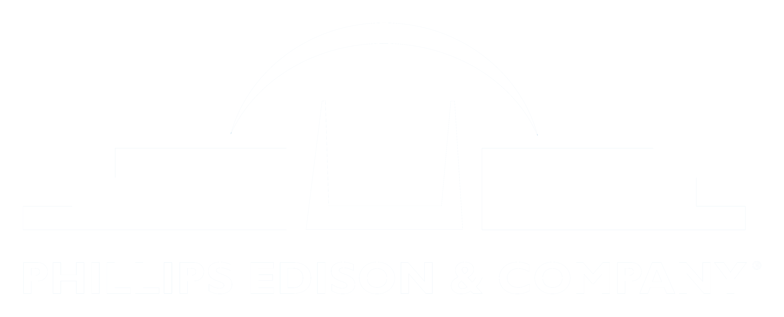 White logo of Phillips Edison & Company with stylized arch and building shapes.