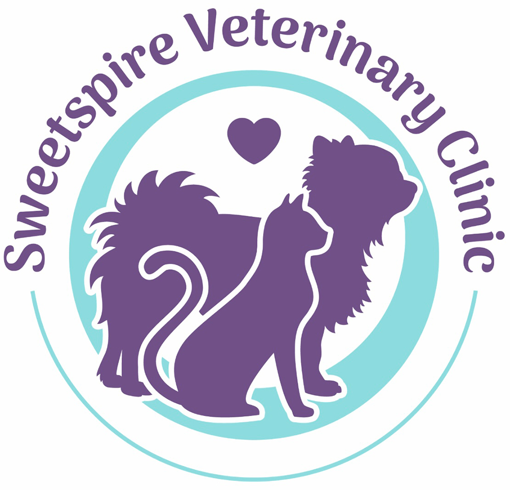 Logo features a dog and cat silhouette with a heart, surrounded by the text "Sweetspire Veterinary Clinic.