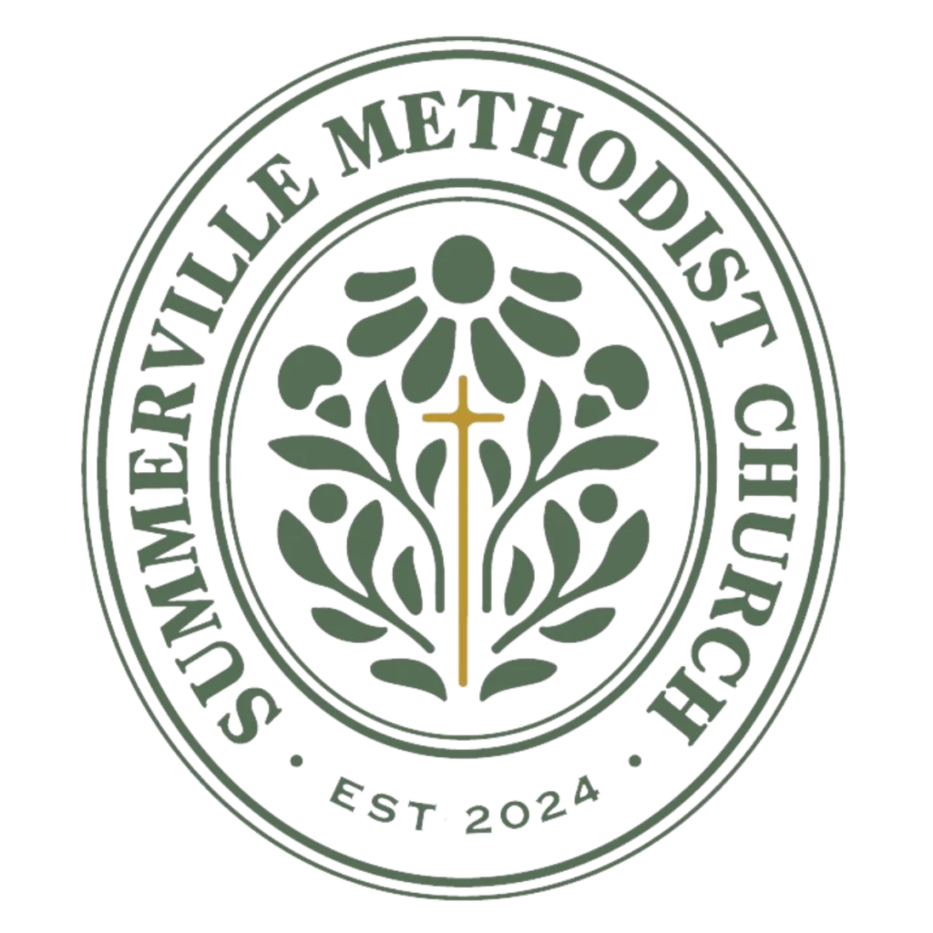 Logo of Summerville Methodist Church featuring a cross and floral design, established 2024.