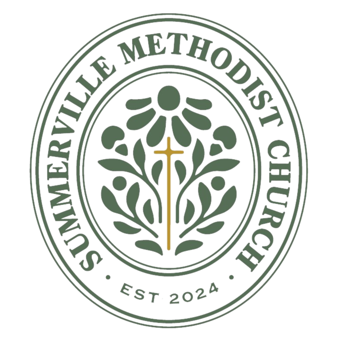 Logo of Summerville Methodist Church featuring a cross and floral design, established 2024.