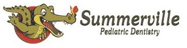 Cartoon alligator mascot with a friendly expression, featuring "Summerville Pediatric Dentistry" text.