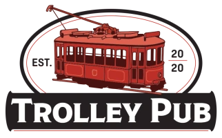 A vintage trolley car illustration with the text "Trolley Pub" below it.