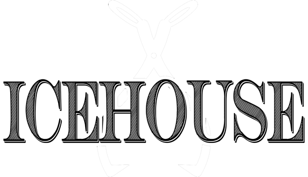 White "ICEHOUSE" logo with scissors graphic on a black background.