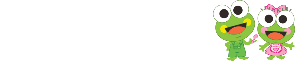 Two cartoon frogs, one in green overalls and one in a pink dress, smile beside the "sweetFrog" logo.