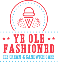 Logo for "Ye Ole Fashioned Ice Cream & Sandwich Café" featuring an ice cream cone and sandwich graphic.