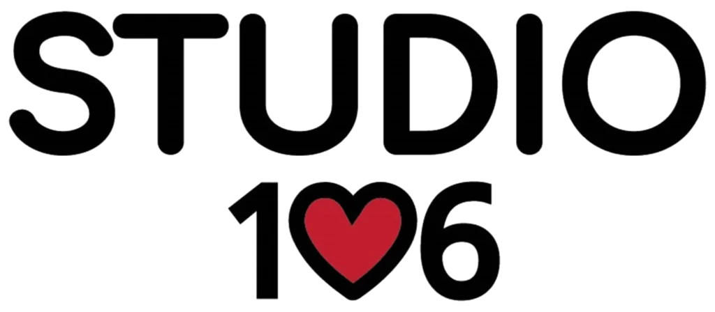 Logo features the text "STUDIO 106" with a red heart symbol integrated into the design.