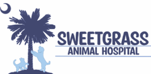 Logo features a palm tree with a dog and cat beside it, labeled "Sweetgrass Animal Hospital.