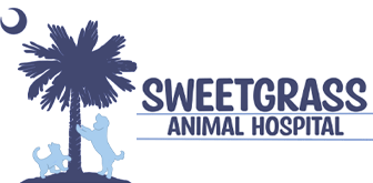 Logo features a palm tree with a dog and cat beside it, labeled "Sweetgrass Animal Hospital.