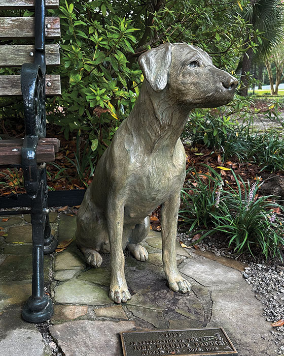 Bronze statue of a seated dog beside a wooden bench in a garden setting.