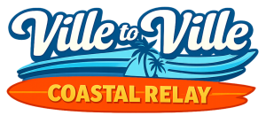 Logo for "Ville to Ville Coastal Relay" featuring stylized text and palm trees.
