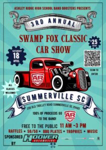 Poster for the 3rd Annual Swamp Fox Classic Car Show in Summerville, SC, featuring event details and a vintage car illustration.
