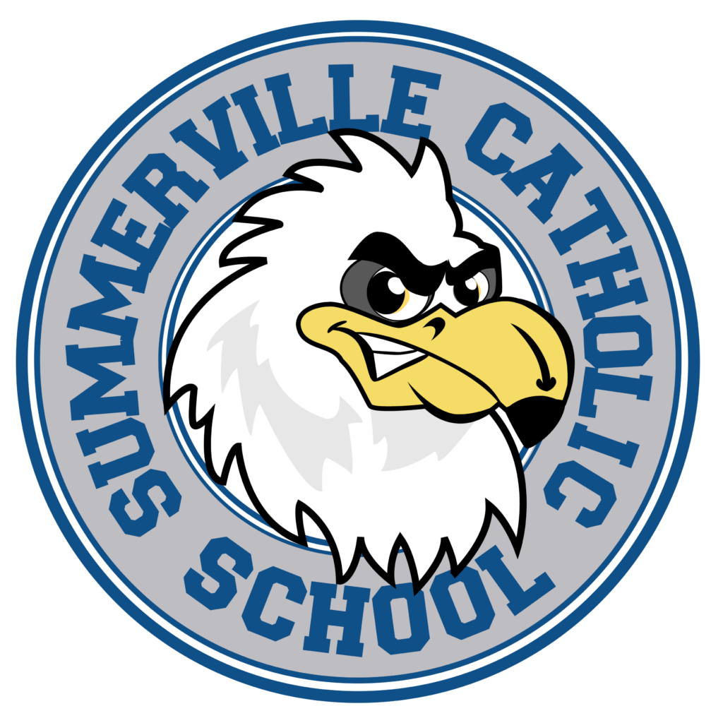 Logo features a fierce eagle head with the text "Summerville Catholic School" around it.