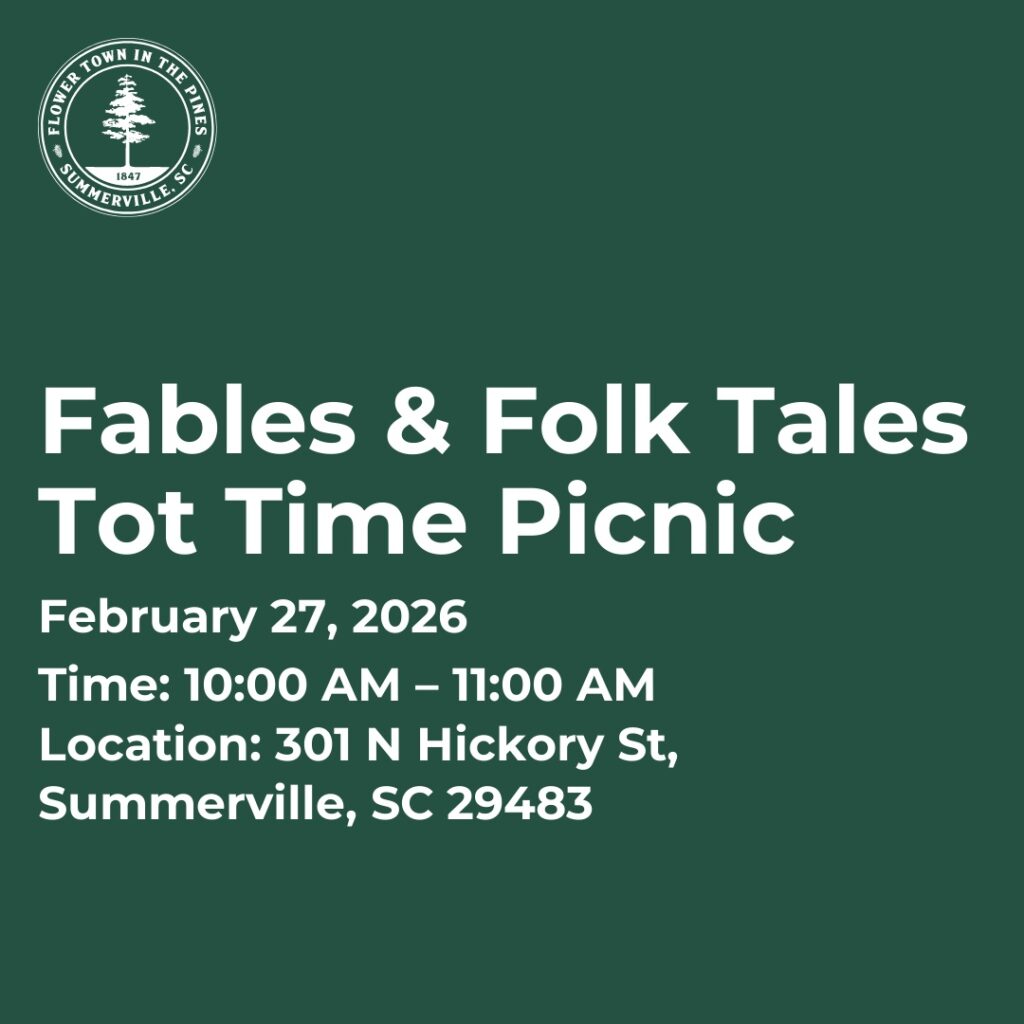 Event details for "Fables & Folk Tales Tot Time Picnic" on February 27, 2026, from 10:00 AM to 11:00 AM in Summerville, SC.