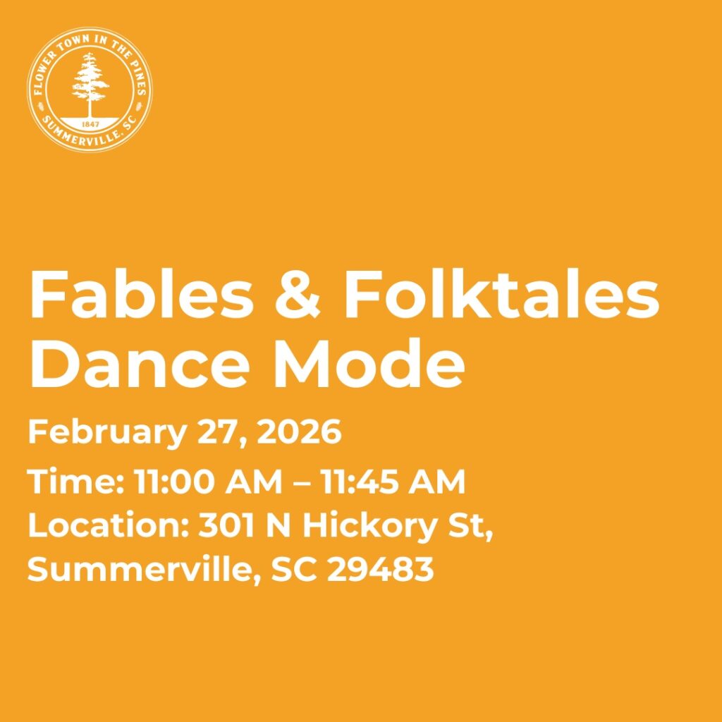 Event details for "Fables & Folktales Dance Mode" on February 27, 2026, at 301 N Hickory St, Summerville, SC.