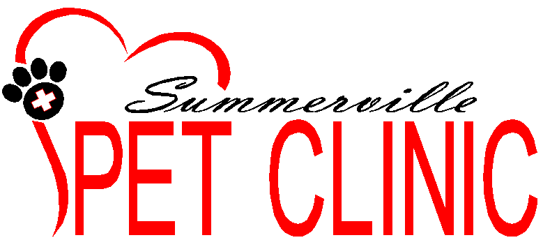 Summerville Pet Clinic logo featuring a heart and medical cross design in red and black.