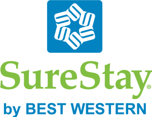 SureStay logo features a blue star-like design above the text "SureStay" in green, followed by "by BEST WESTERN.