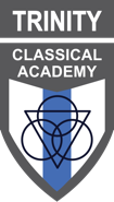 Logo for Trinity Classical Academy featuring a shield with interlocking circles and blue accents.