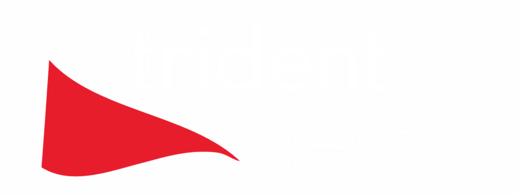 Red triangular logo with the text "trident dental" in white and light gray.