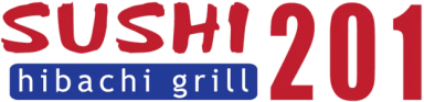 Logo for Sushi 201 Hibachi Grill featuring bold red and blue text.