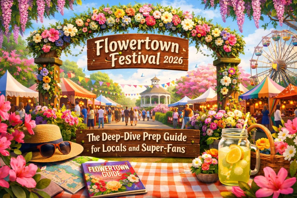 Colorful festival scene with floral arch, tents, people enjoying the event, and a lemonade jar on a picnic table.