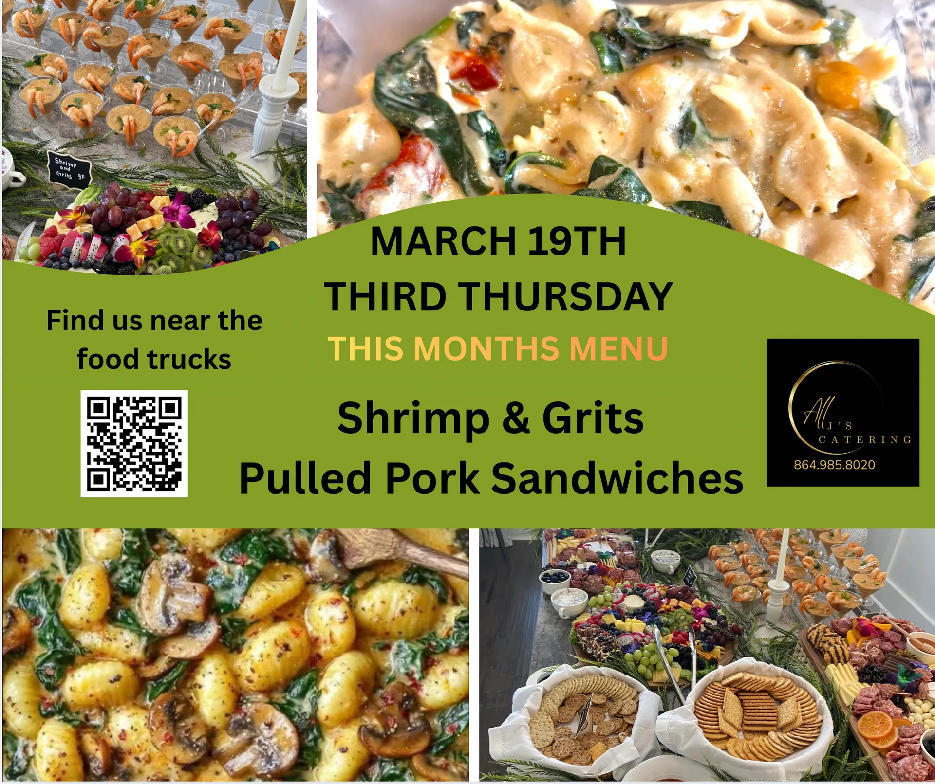 Catering display features shrimp, grits, pulled pork sandwiches, and assorted appetizers. Event details included.