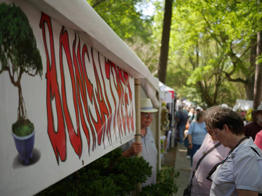 Visitors examine bonsai plants at a market stall under a shaded canopy. A vendor engages with customers.