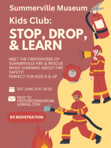 Illustrative poster for a fire safety event featuring firefighters, a fire extinguisher, and event details.