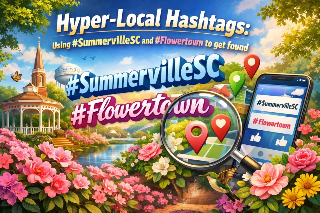 Colorful flowers surround a gazebo, highlighting hashtags #SummervilleSC and #Flowertown on a smartphone.