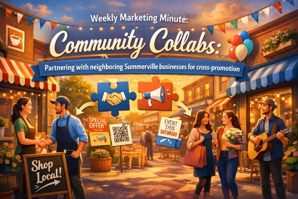 Two business owners shake hands, while shoppers enjoy a local event with decorations and a musician.